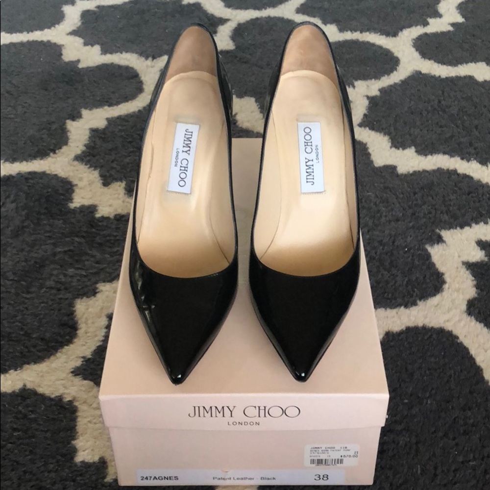 Jimmy Choo- Agnes Black Patent Leather Pumps 38